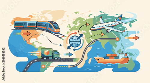 A colorful graphic illustrating various transportation modes on a world map