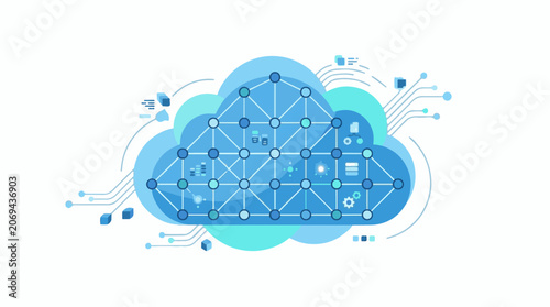 A blue cloud-shaped network diagram with various icons and lines