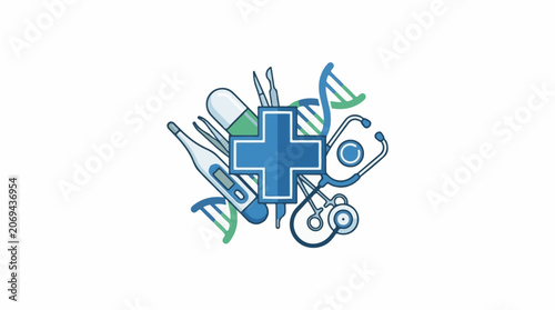 A blue cross surrounded by medical tools and DNA helices on white background