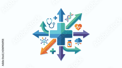 A blue cross surrounded by arrows and medical icons on a white background