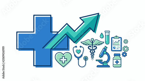 A blue cross with a green arrow pointing up