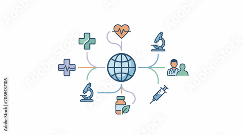 A blue globe surrounded by medical icons