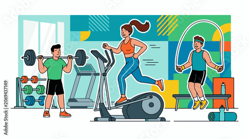 A colorful illustration of three people exercising in a gym with various equipment