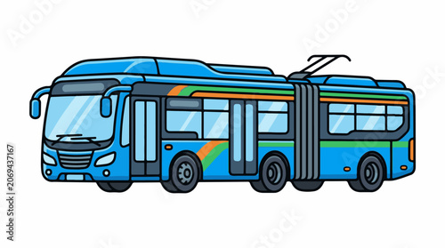 A blue double-decker bus with green and orange stripes
