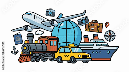 A colorful illustration of various travel-related icons, including a plane, train, taxi, ship, globe, and luggage, against a white background