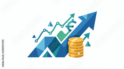 A blue graph with an upward trend and gold coins