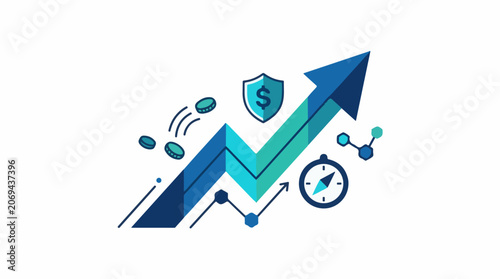 A blue graphic depicting a growing trend with a shield and dollar sign