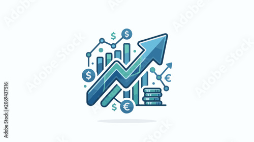 A blue graphic depicting a rising arrow with graphs and currency symbols around