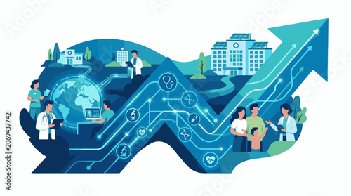 A blue graphic illustration of a stylized map with medical professionals and symbols