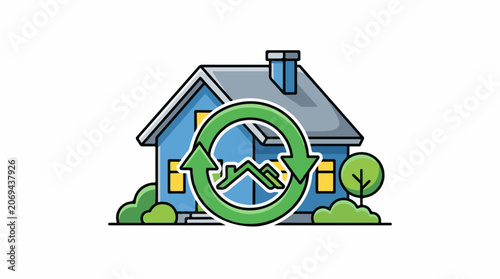 A blue house with a green recycling symbol and arrows