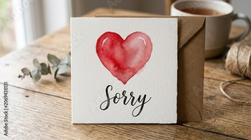 A card with a red heart and the word sorry on a wooden table