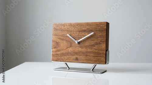 A wooden clock with a silver stand on a white table top