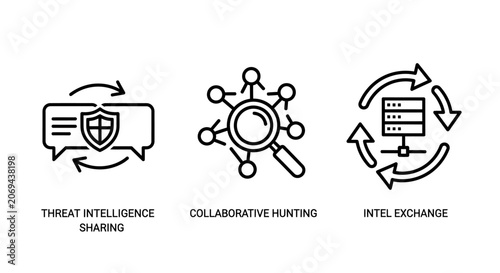 Set of three cybersecurity icons representing threat intelligence sharing collaborative threat hunting intel exchange with cybersecurity intelligence exchange security protection information