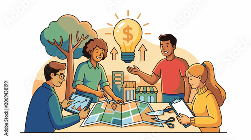 A diverse group of four individuals collaborating on a map with a lightbulb and dollar sign