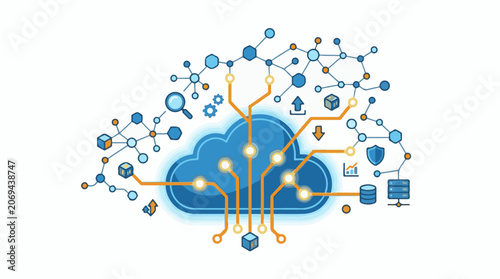 A blue cloud with orange lines and various symbols
