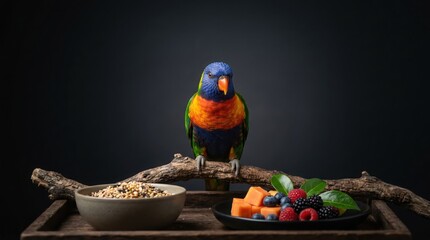 Colorful lorikeet perched on a wooden tray with food and seeds