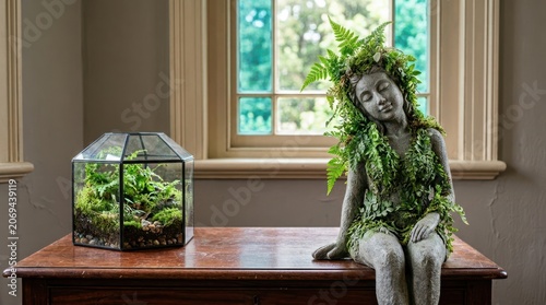 A statue of a woman covered in green leaves sits on a wooden table next to a glass terrarium
