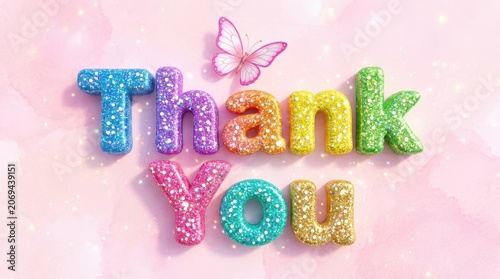 Colorful thank you message with butterfly on pink background