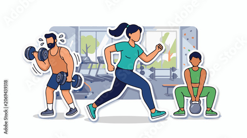 Cartoon illustration of people exercising with weights in a gym