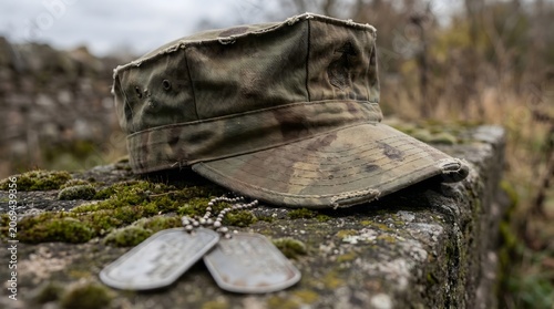 Weathered camouflage military cap and dog tags, symbolic of honor, sacrifice, and the enduring memory of service, resting on a moss-covered stone