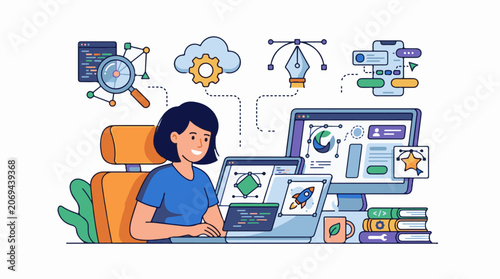 A woman sits at a desk with two computer monitors and a laptop
