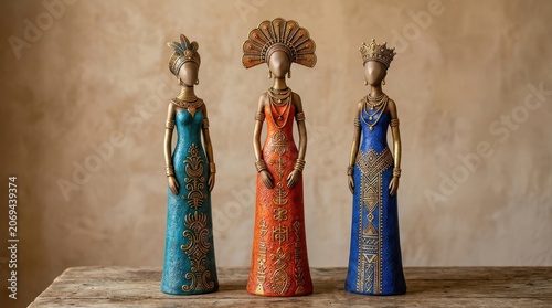 Three statues of women in colorful traditional dresses and gold jewelry on a table