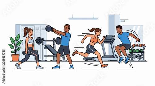 A vibrant illustration of four people engaging in various gym workouts