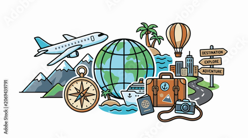 A vibrant illustration of a globe surrounded by travel-related icons