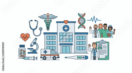 A medical building with doctors and nurses surrounded by medical symbols