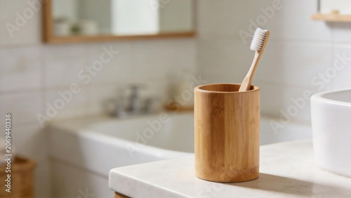 Bamboo toothbrush holder on bathroom counter
