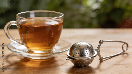 Tea in glass cup with metal infuser on wooden table