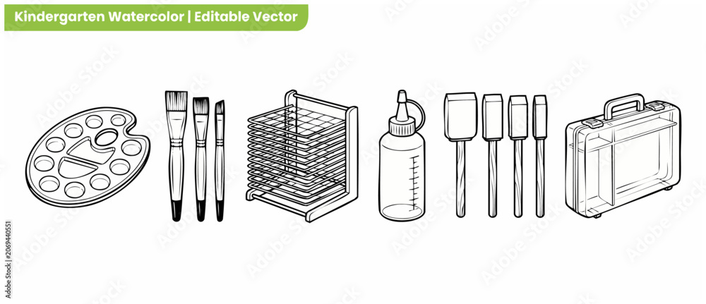 Obraz premium Art supplies vector outline icons featuring artist paint palette, paintbrushes, drying rack, glue bottle, foam sponge brushes, and organizer storage box for school classroom craft projects.