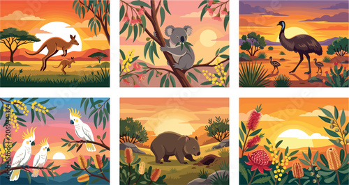 Canvas Print Australian Wildlife Landscape Vector Illustration Set with Kangaroo Koala Emu Wo