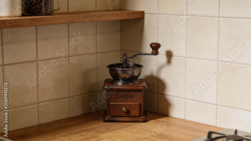 Wooden coffee grinder on kitchen counter
