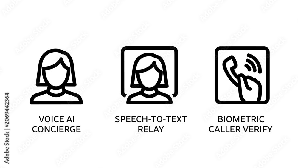Fototapeta premium Voice AI concierge speech to text and biometric caller verification line icons set with concierge biometric verification technology interface communication automation security customer
