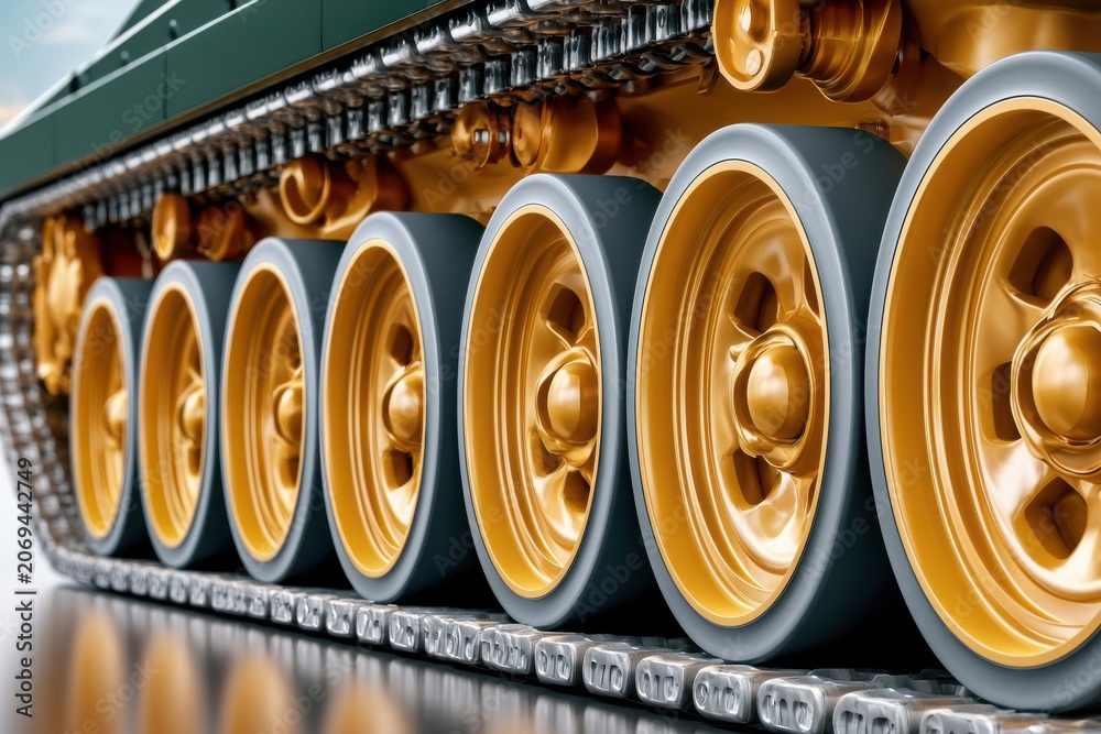 Obraz premium Close-up view of yellow tank road wheels and tracks on an armored military vehicle