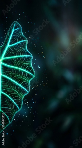 Bioluminescent Exotic Leaf with Glowing Neon Veins and Copy Space