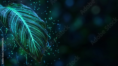 Bioluminescent Exotic Leaf with Glowing Neon Veins and Copy Space