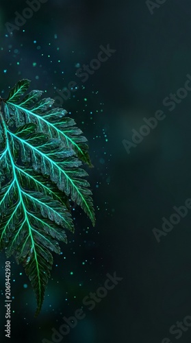 Bioluminescent Exotic Leaf with Glowing Neon Veins and Copy Space