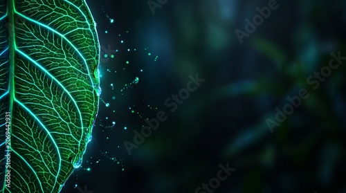 Bioluminescent Exotic Leaf with Glowing Neon Veins and Copy Space