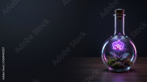 Glowing Bioluminescent Orchid in Glass Flask Biotech Concept