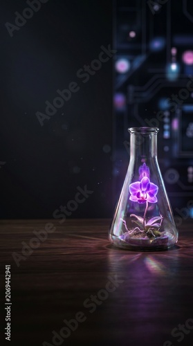 Glowing Bioluminescent Orchid in Glass Flask Biotech Concept