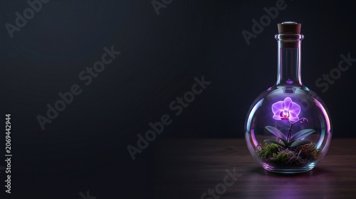 Glowing Bioluminescent Orchid in Glass Flask Biotech Concept