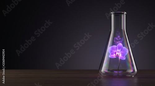 Glowing Bioluminescent Orchid in Glass Flask Biotech Concept