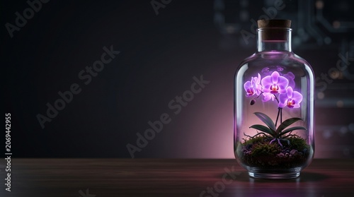 Glowing Bioluminescent Orchid in Glass Flask Biotech Concept