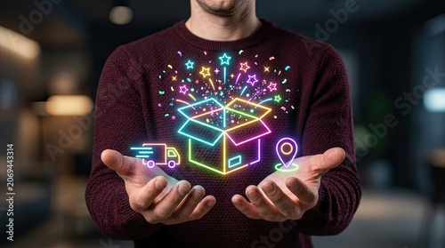 Man holding open glowing box with delivery and location icons during celebration against blurred background