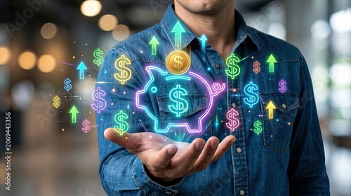 Man's hand holding glowing piggy bank with dollar signs and upward arrows during financial growth concept