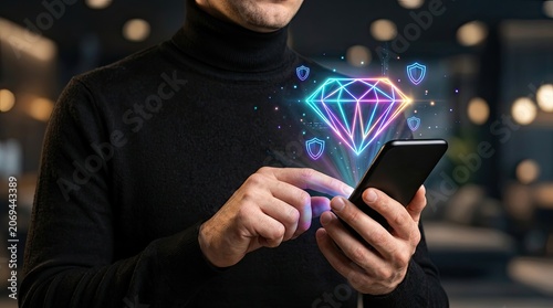 Man's hand holding smartphone with glowing digital diamond and shield icons representing cybersecurity or digital assets