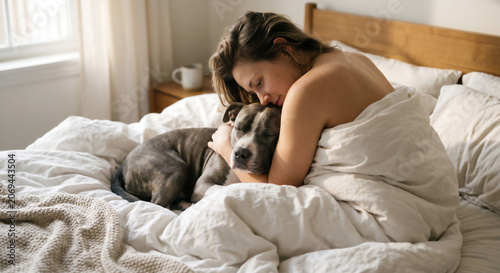 Cozy morning: Young woman affectionately hugging her dog in bed under white sheets. Generative AI.