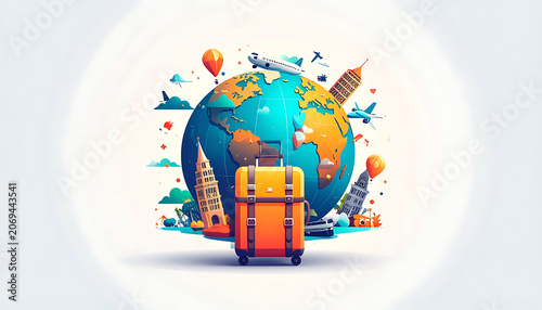 Pixelated globe with a suitcase in front, surrounded by travel icons like airplanes and hot air balloons, conveying global travel and adventure.